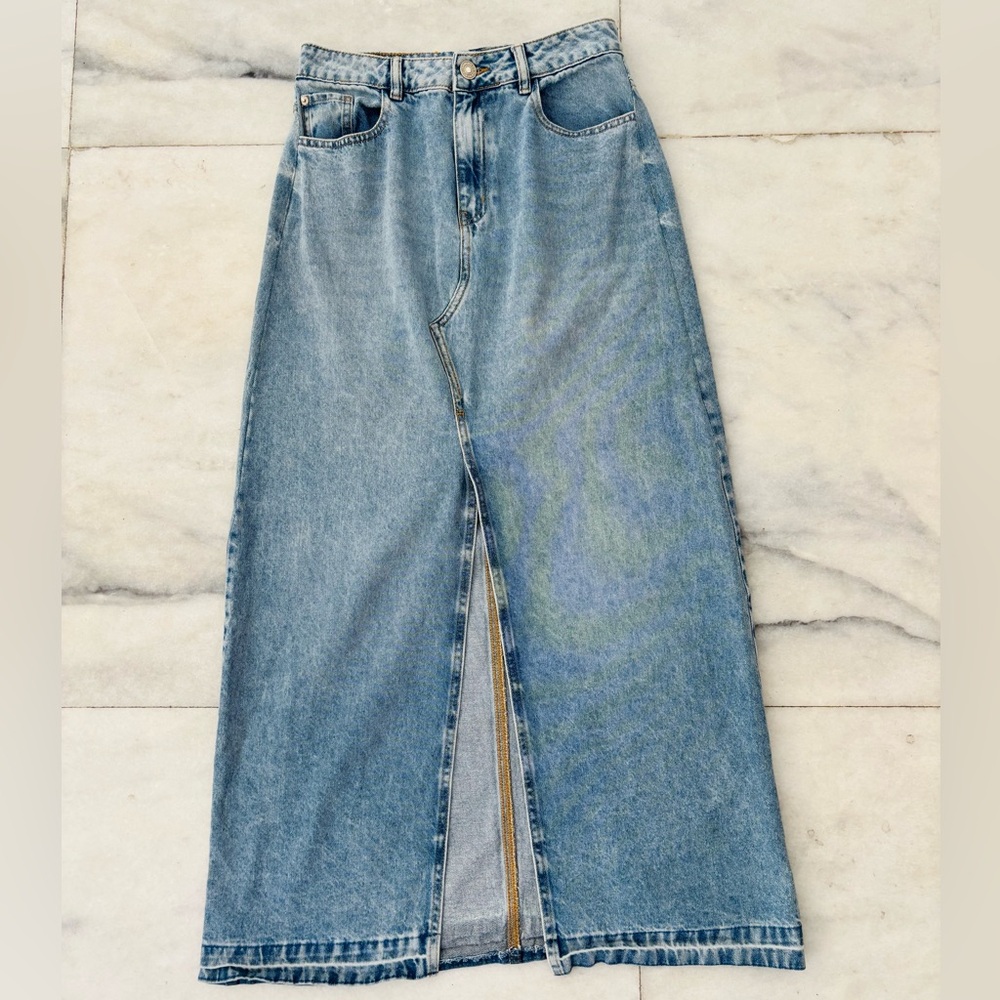 VTG Rifle Denim Maxi Skirt Light Wash Front Slit Womens 10 Boho Hippie Grunge - Picture 3 of 9